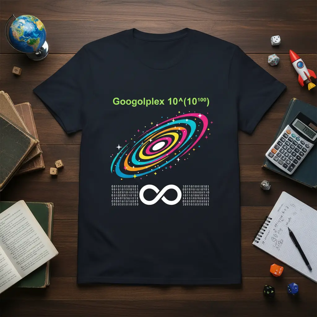Googolplex 10^(10^100) text with colorful galaxy, binary code, and infinity symbol on a dark t-shirt